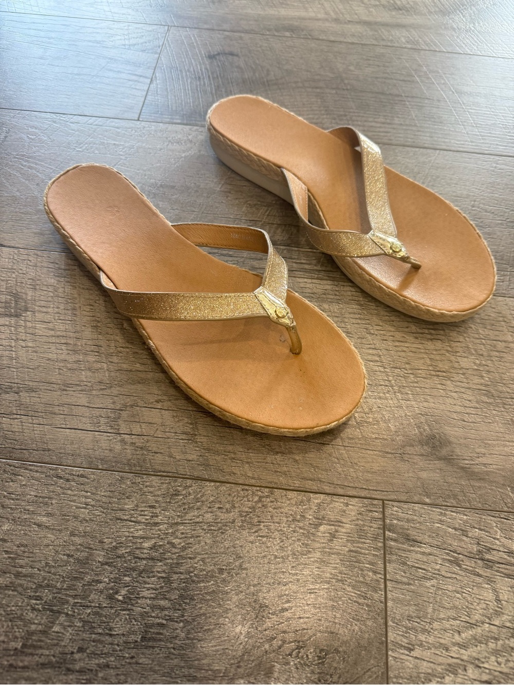 Women's Gold Sparkly Wedge Flip Flop Sandals